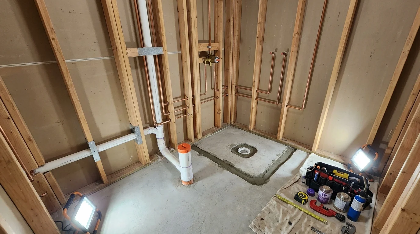 Bathroom rough-in plumbing during remodel by Johns Plumbing LLC in Indian Wells