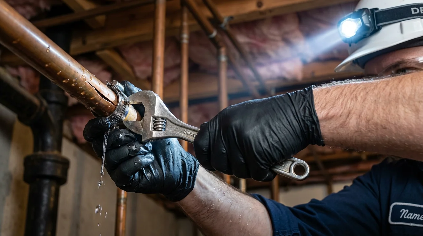 Emergency pipe clamp repair being performed by a Johns Plumbing LLC plumber in Indian Wells