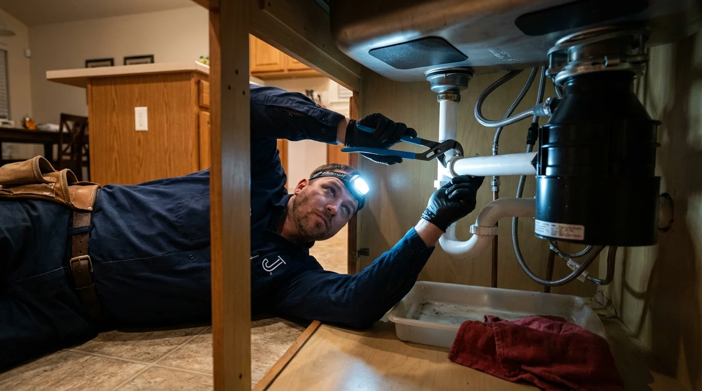 P-trap and supply line connections under a kitchen sink showing a common leak point in Indian Wells, CA